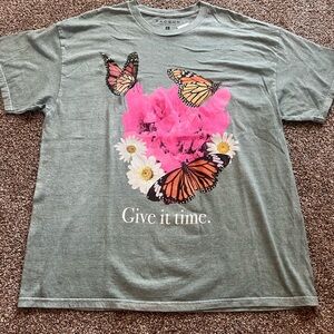 PacSun Gray and Pink Butterfly Short Sleeve Tee